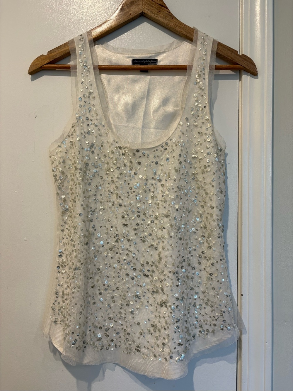 Fun Feminine American Eagle Outfitters White w/ Silver Sequins Tank Top
